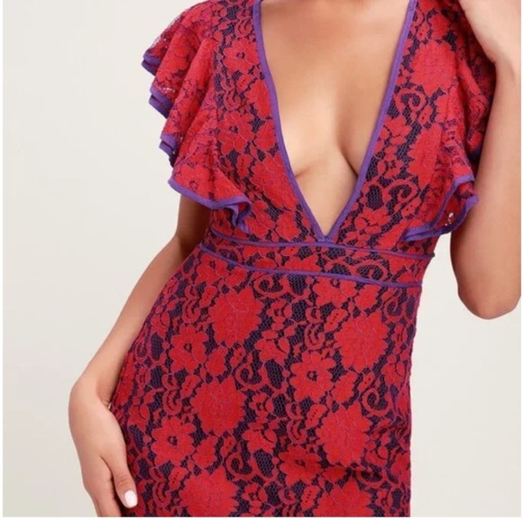 Lulu’s Purple and Red Lace Ruffle Mini Dress NWT - Picture 2 of 12